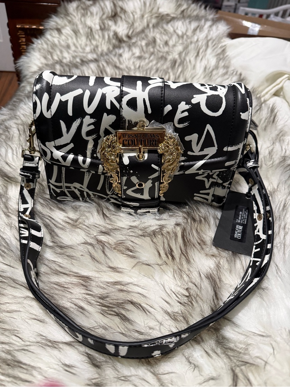 Versace Jeans Collection Black & White Graffiti-Print Crossbody with Gold Crest